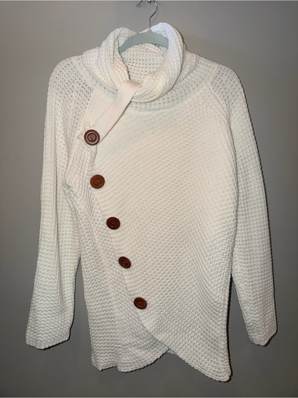Grecerelle Cowl Neck Asymmetrical Button Wrap Knit Tunic Sweater